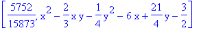 [5752/15873, x^2-2/3*x*y-1/4*y^2-6*x+21/4*y-3/2]